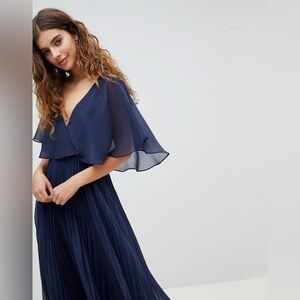 ASOS Midi Navy Blue Dress with Pleated Skirt